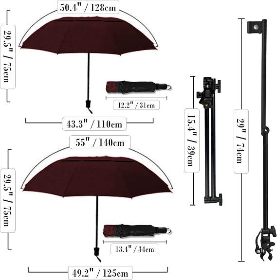 UPF 50+ Golf Sun/Rain Umbrella with Adjustable Universal Clamp – Portable Sun Umbrella
