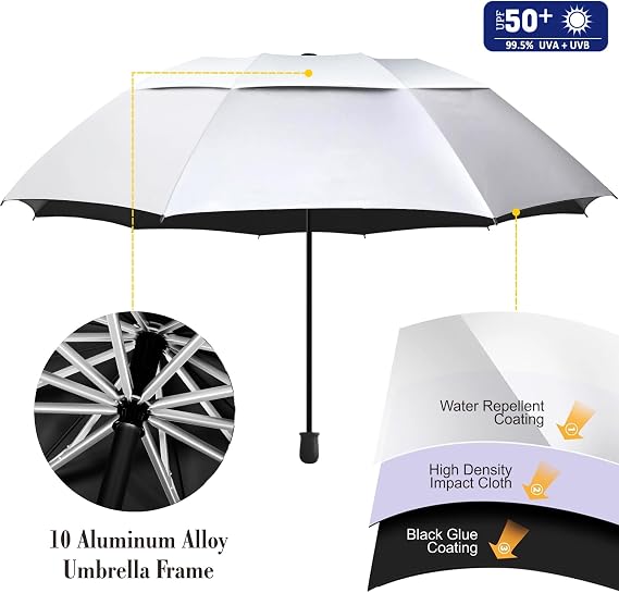 UPF 50+ Golf Sun/Rain Umbrella with Adjustable Universal Clamp – Portable Sun Umbrella
